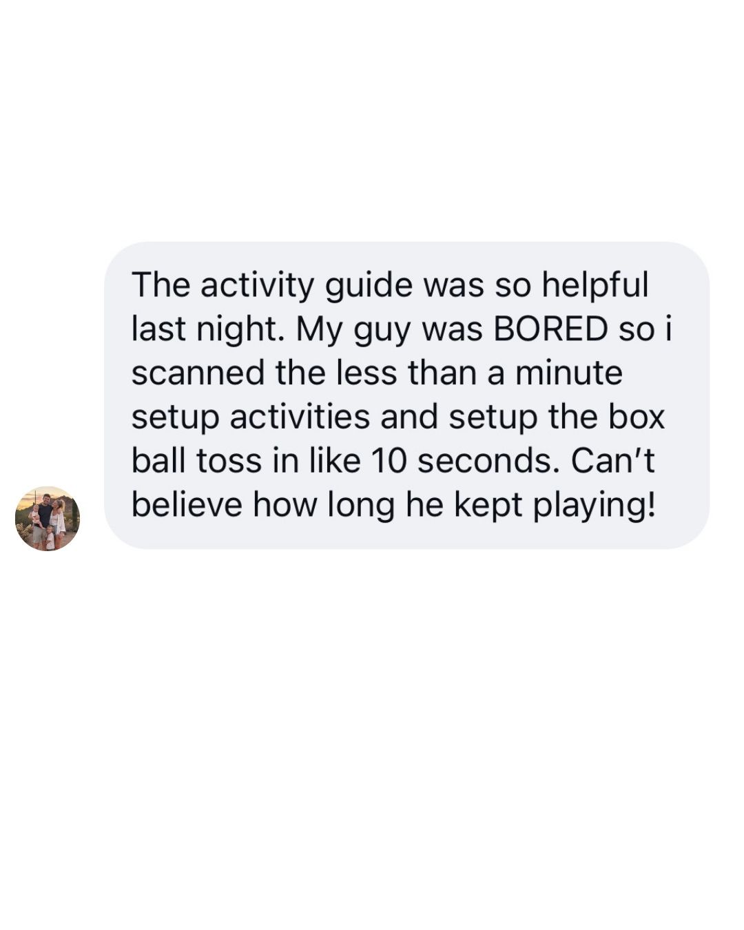 Instagram DM from a mom who used the 75 Activities Guide